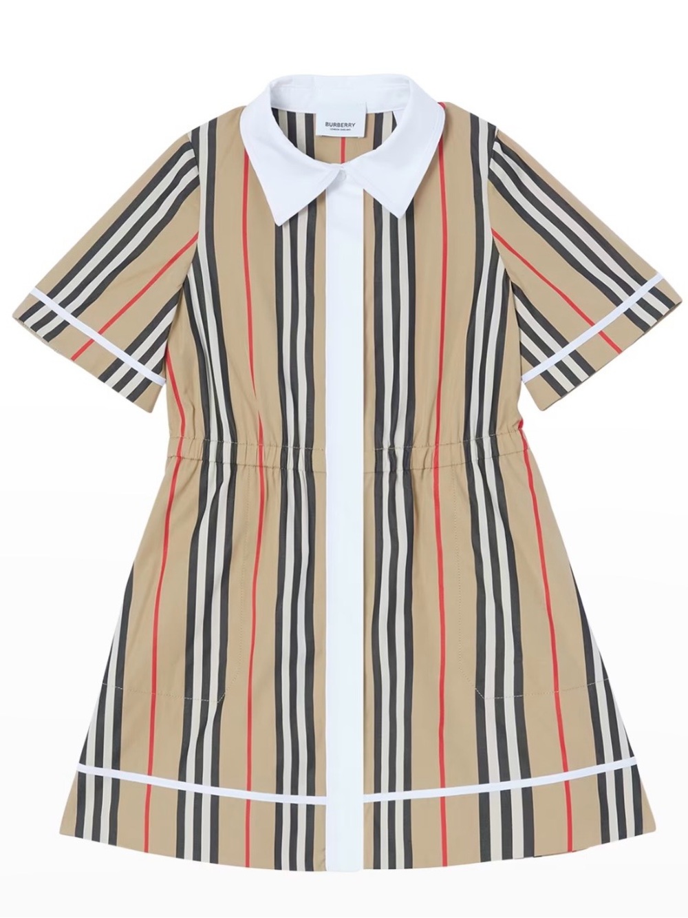 Burberry Beige, Black & Red Striped Short-Sleeve Dress with White Trim